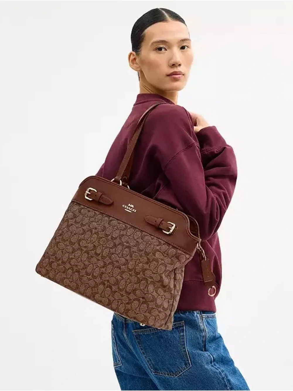 Coach Easton Tote Bag in Signature Chenille & Smooth Leather Khaki/Brown NWT